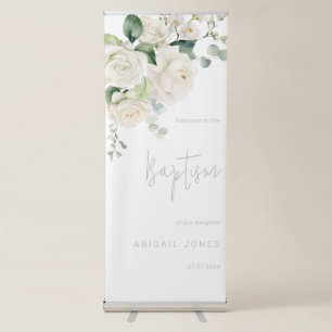 Divine White Roses & Sage Baptism Welcome Retractable Banner