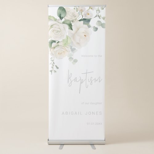 Divine White Roses  Sage Baptism Welcome Retractable Banner