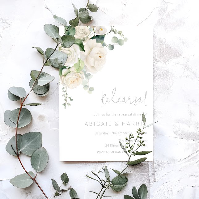 Divine White Roses & Sage Wedding Rehearsal Dinner Invitation (Creator Uploaded)