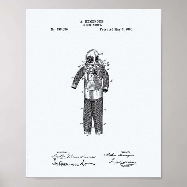 Diving Armor 1893 Patent Art White Paper Poster (Front)