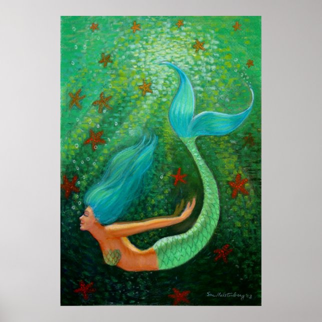 Diving Blue Hair Mermaid fantasy art Poster (Front)