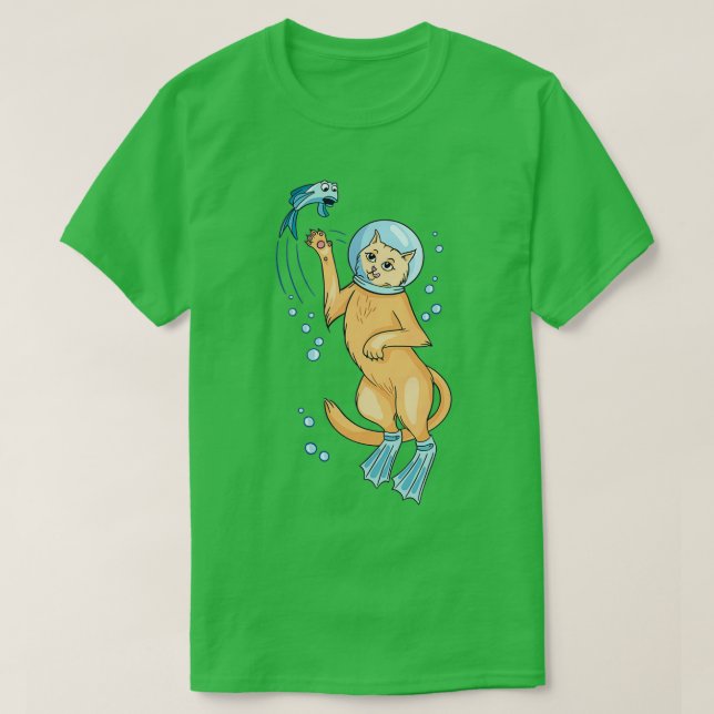 Diving cat with an aquarium on its head T-Shirt (Design Front)
