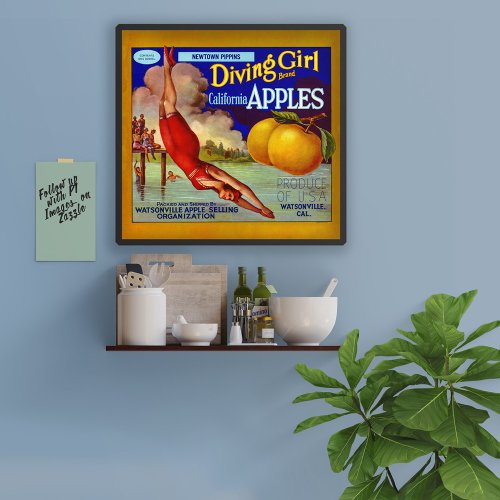 Diving Girl Apples packing label Photo Print