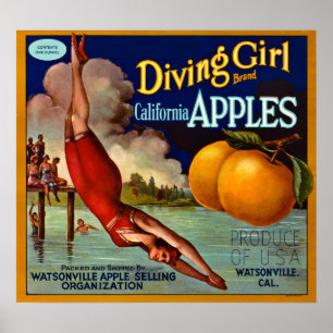 Diving Girl Brand California Apples - Vintage Poster