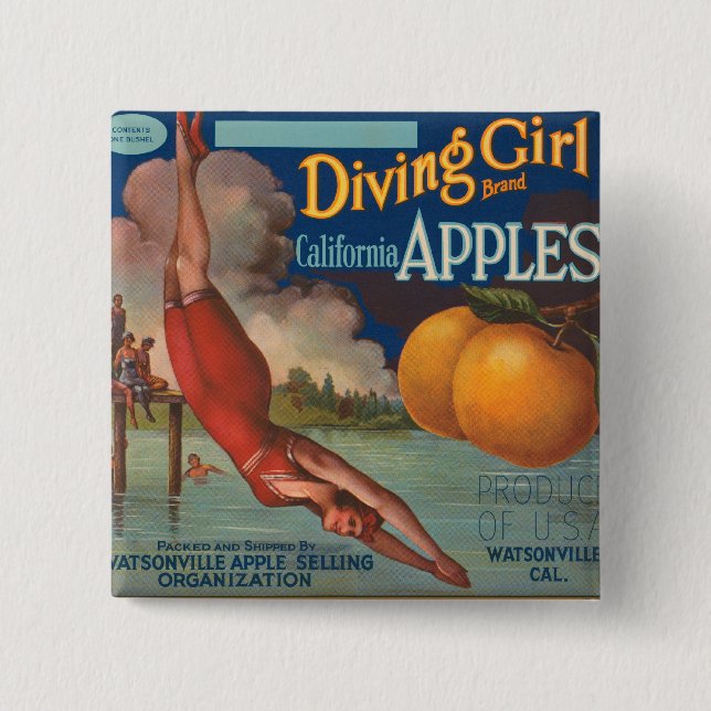 Diving Girl California Apples Pinback Button (Front)