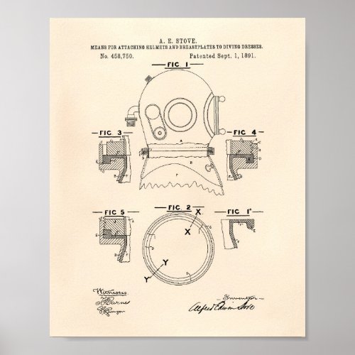 Diving Helmets 1891 Patent Art Old Peper Poster