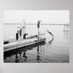 Diving Off the Pier, 1904. Vintage Photo Poster