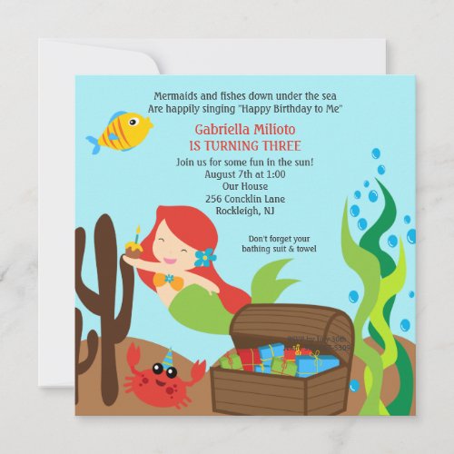 Diving Red Hair Mermaid Girl's Birthday Invitation