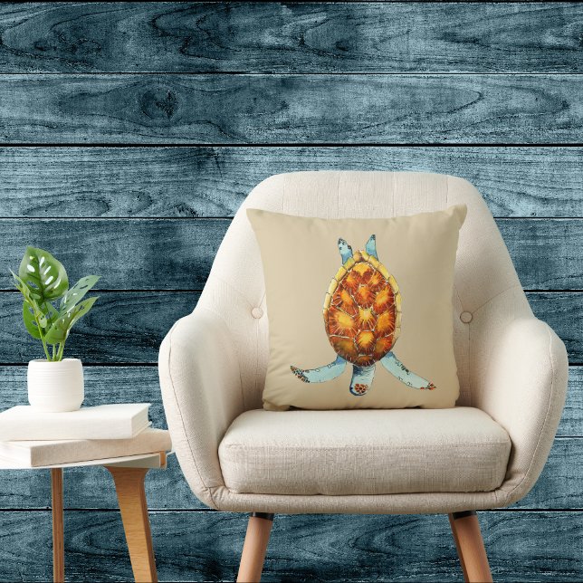 Diving Sea Turtle on Light Tan Throw Pillow (Creator Uploaded)