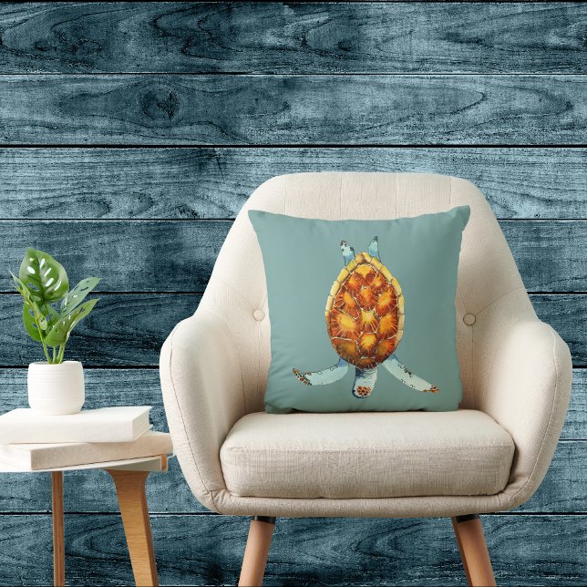 Diving Sea Turtle on Sea Green Throw Pillow (Creator Uploaded)