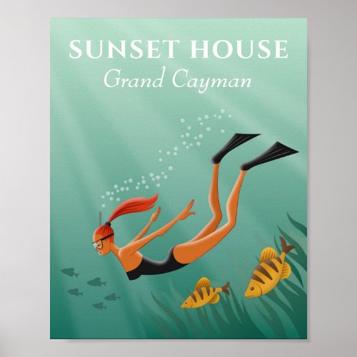 Diving Snorkeling Girl Fish Undersea Sun Rays Poster