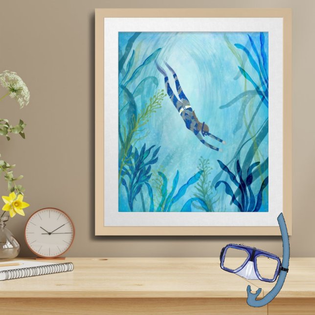 Diving, Snorkeling, Under the Sea, Ocean Painting Framed Art (Diving, Snorkeling, Under the Sea, Ocean, Painting, Framed Art, Watercolor, Diver, Scuba #diving)