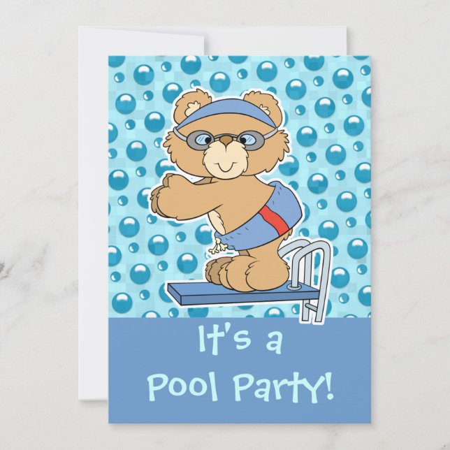 Diving Teddy Bear Pool Party Invite (Front)