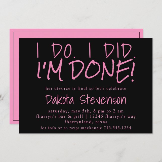 Divorce Party | Black and Pink Do Did Done Invitation (Front/Back)