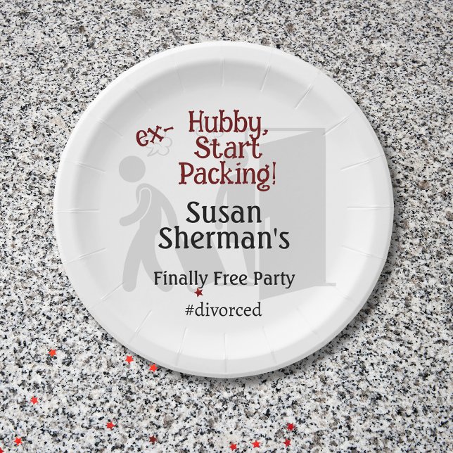 Divorce Party Celebration Ex Hubby Start Packing Paper Plates (Divorce Party custom paper plates with the "ex-Hubby, Start Packing!" party decor theme.)