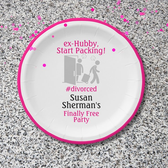 Divorce Party Decor Pink Finally Free Funny Paper Plates (Divorce Party decor with a pink "ex-Hubby, Start Packing!" theme to liven up her finally free party.)