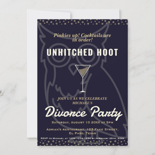 Divorce party invites: Unhitched hoots. Humorous. Invitation (Front)