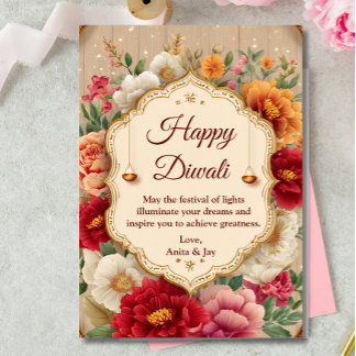 Diwali Beige Floral Ornate Lamp Diyas Greeting Invitation