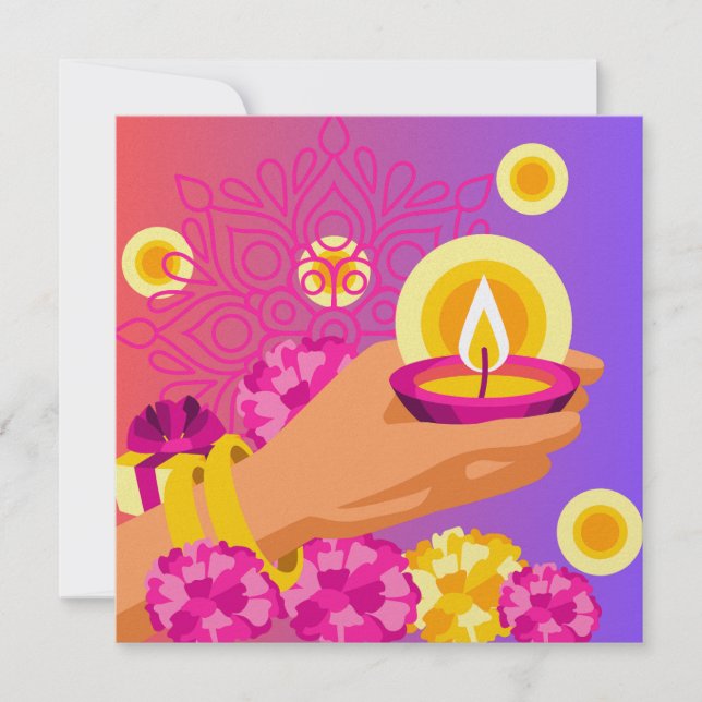 Diwali Card Colorful Pink & Purple Hand & Lantern (Front)
