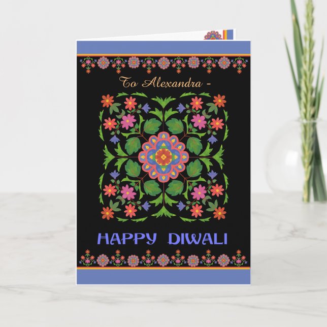 Diwali Card to Personalize, Rangoli Pattern, Black (Front)