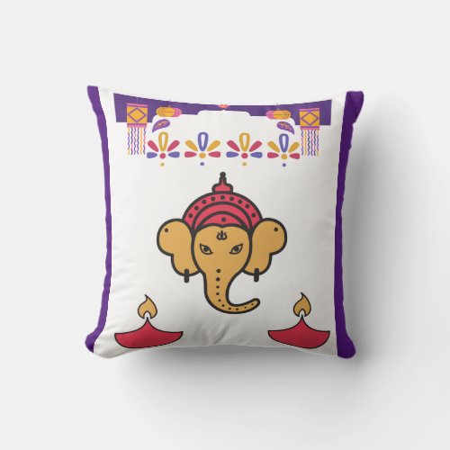 Diwali Deepa Design_ Sacred Elephant Symbol Throw Pillow