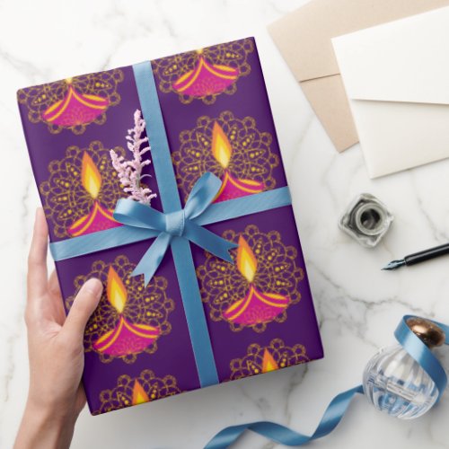 Diwali Diya Lamp Purple yellow Elegant Wrapping Paper
