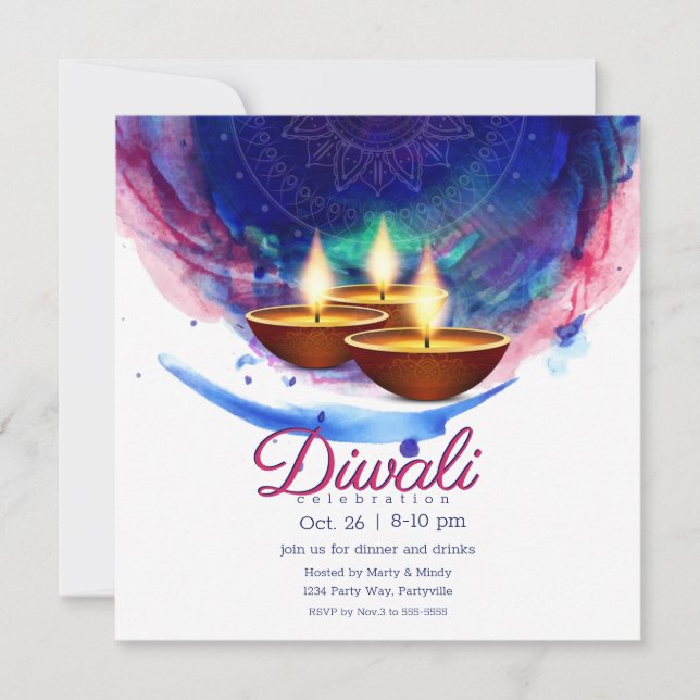 Diwali Diyas Blue Paint Wash Invitation (Front)