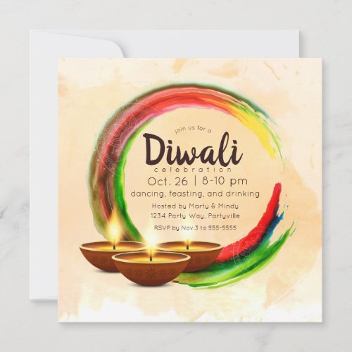Diwali Diyas Watercolor Circle Invitation