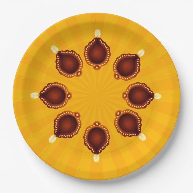 Diwali Diyas with Yellow Sun Rays Paper Plates (Front)