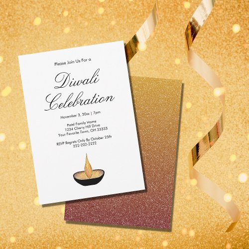 Diwali Elegant Gold Diya Flame Lamp Invitation