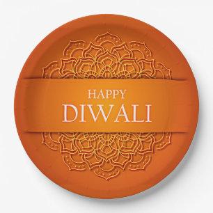 Diwali Elegant Modern Orange Yellow Mandala 9"  Paper Plates