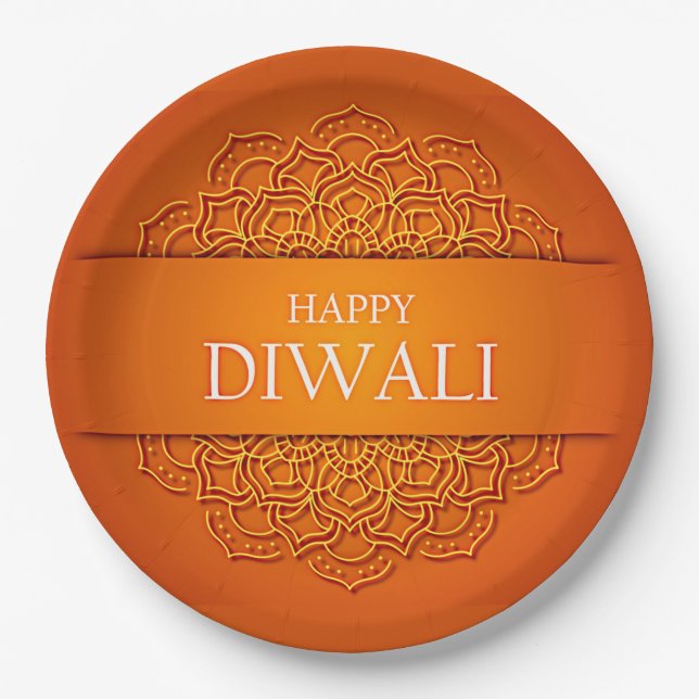  Diwali Elegant Modern Orange Yellow Mandala 9"  Paper Plates (Front)