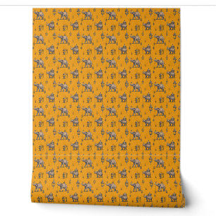 Diwali Elephant in Golden Field Toile de Jouy Wallpaper