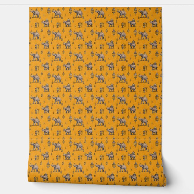 Diwali Elephant in Golden Field Toile de Jouy  Wallpaper (Unrolling)