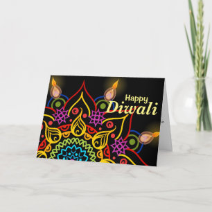 Diwali flower Rangoli with bright oil lamps Card