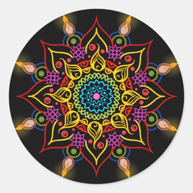 Diwali flower Rangoli with oil lamps Classic Round Sticker (Front)