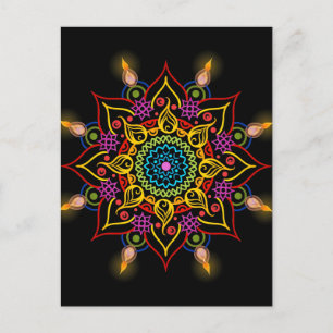 Diwali flower Rangoli with oil lamps Postcard