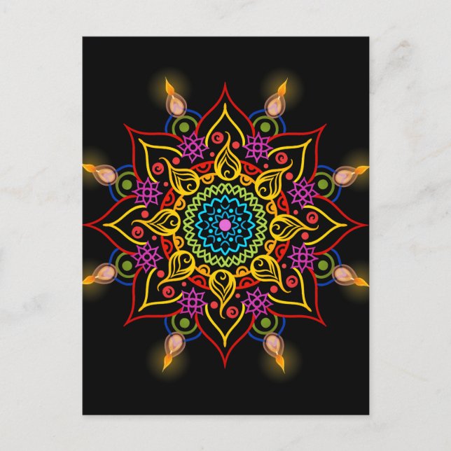Diwali flower Rangoli with oil lamps Postcard (Front)