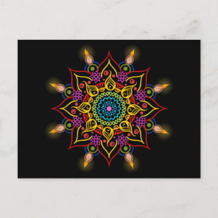Diwali flower Rangoli with oil lamps Postcard