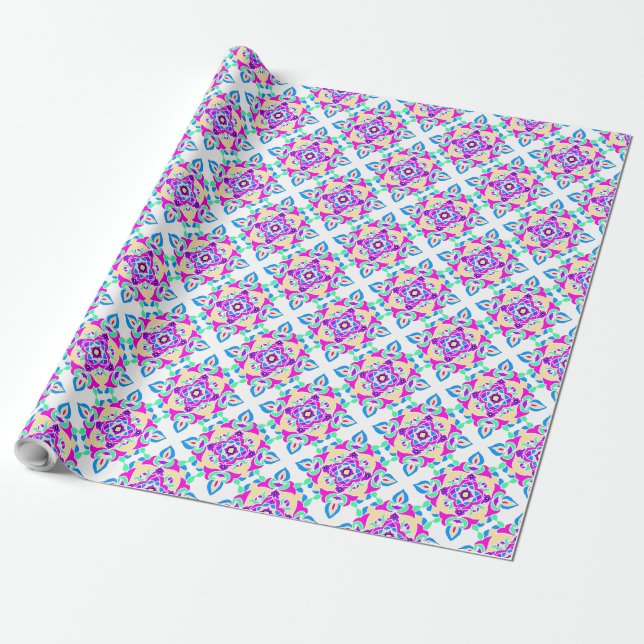 Diwali Giftwrap: Pink, Blue, White Rangoli Pattern Wrapping Paper (Unrolled)
