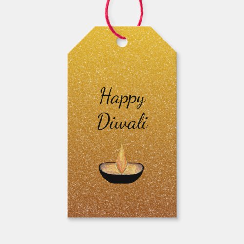 Diwali Gold Glitter Diya Flame Gift Tags