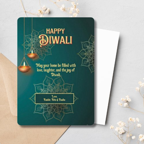 Diwali Green Gold Lamps Mandala Holiday Card