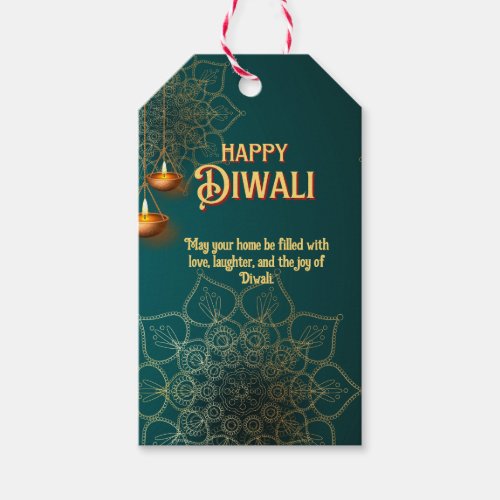 Diwali Green Gold Lamps Mandala Personalized Gift Tags