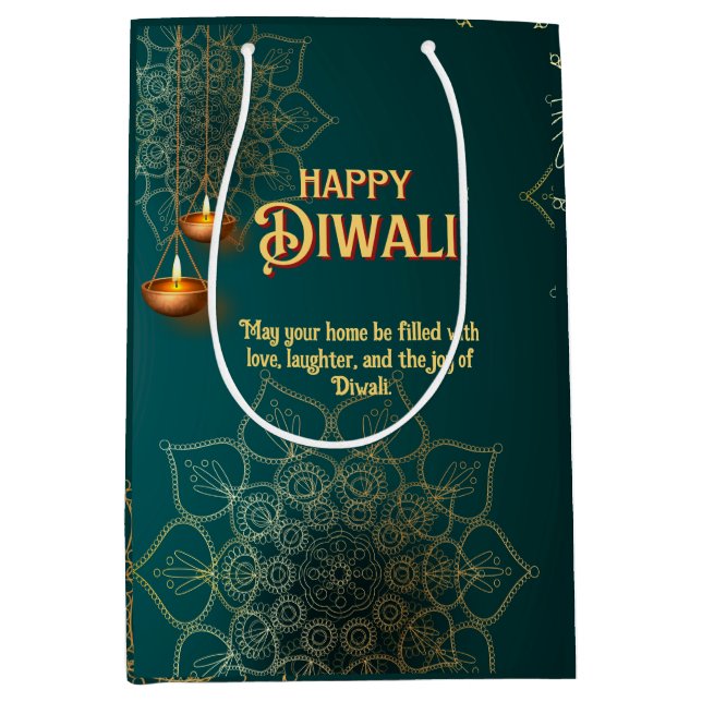 Diwali Green Gold Lamps Mandala Personalized Medium Gift Bag (Front)