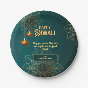 Diwali Green Gold Lamps Mandala Personalized Paper Plates