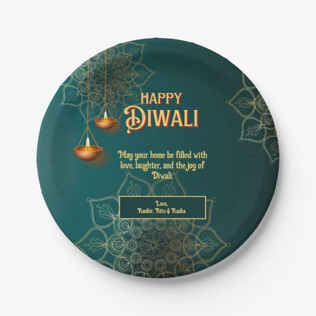 Diwali Green Gold Lamps Mandala Personalized Paper Plates (Front)