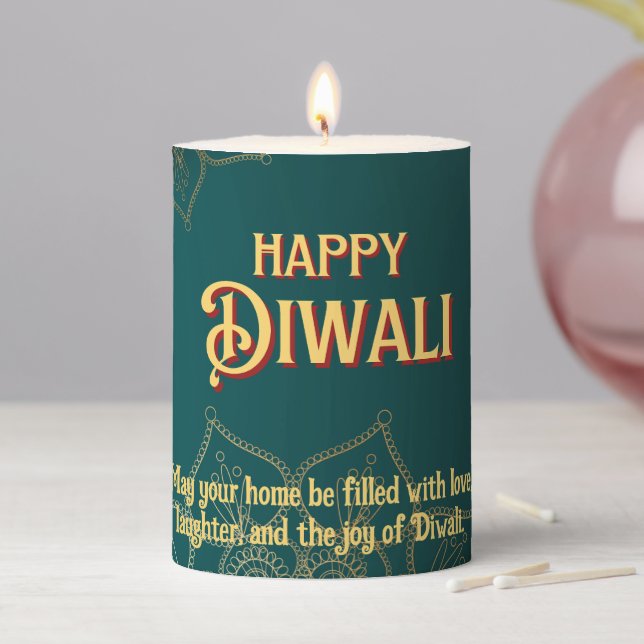 Diwali Green Gold Lamps Mandala Personalized Pillar Candle (In Situ)