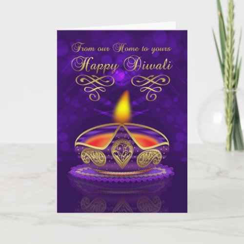 Diwali Greeting Card In Gold And Purple With Lamp