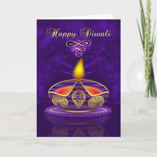 Diwali Greeting Card In Gold And Purple With Light