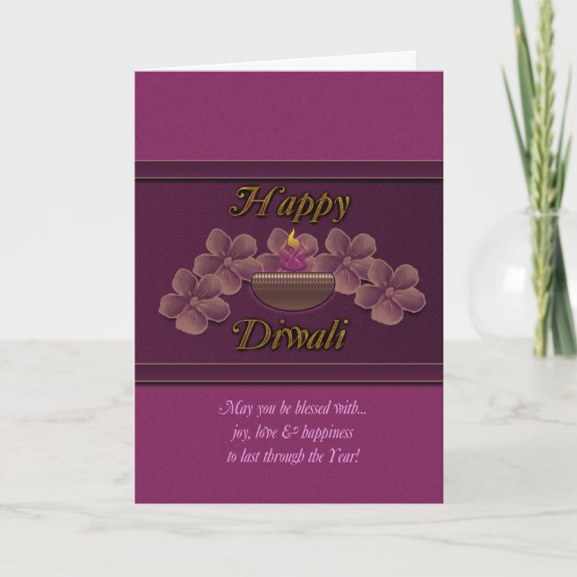 Diwali Greeting Card With Lamp And Flowers Purple (Front)